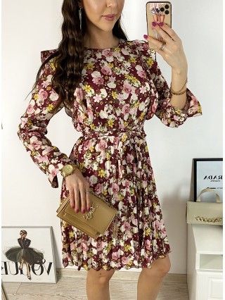 Rochie dama ieftina rosie midi cu pliuri si volanase si imprimeu multifloral