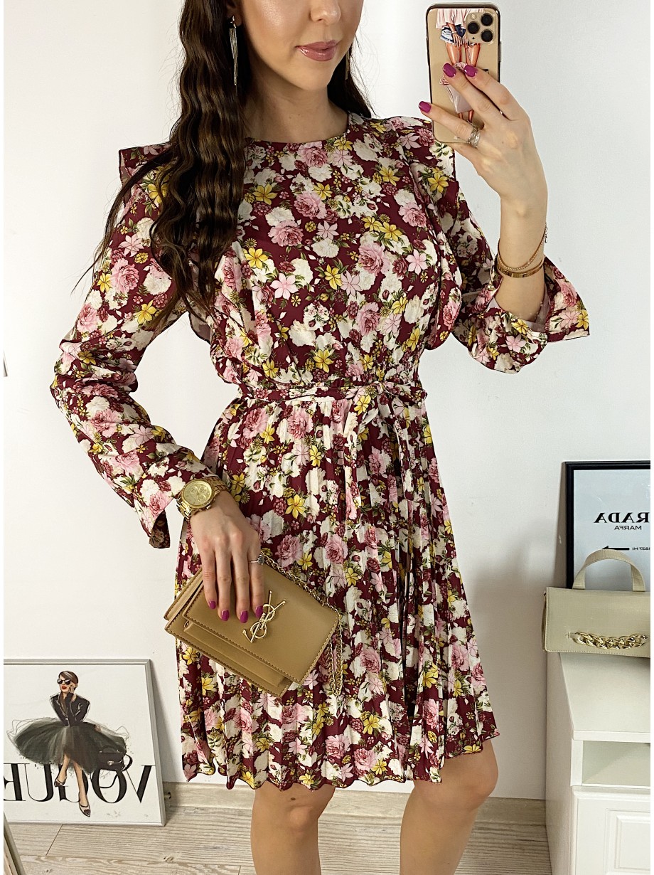Rochie dama ieftina rosie midi cu pliuri si volanase si imprimeu multifloral