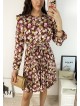 Rochie dama ieftina rosie midi cu pliuri si volanase si imprimeu multifloral