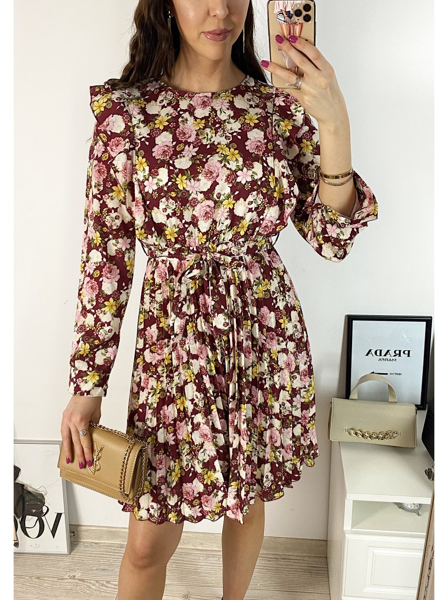 Rochie dama ieftina rosie midi cu pliuri si volanase si imprimeu multifloral