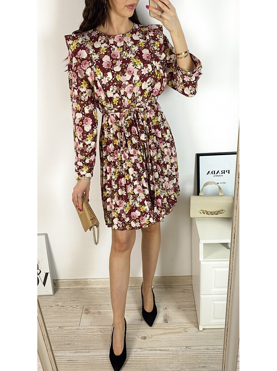 Rochie dama ieftina rosie midi cu pliuri si volanase si imprimeu multifloral