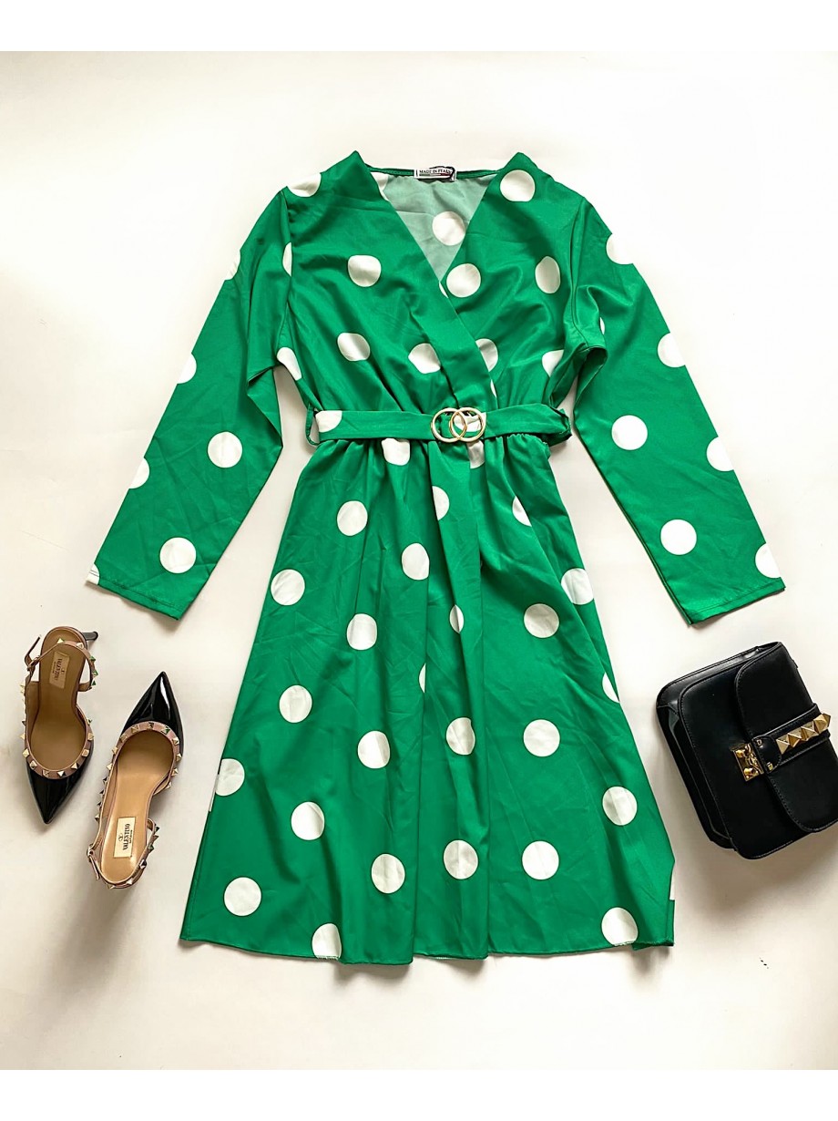 Rochie midi casual verde cu imprimeu buline si maneci lungi Rochie midi casual verde cu imprimeu buline si maneci lungi