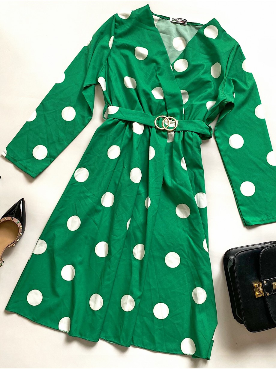 Rochie midi casual verde cu imprimeu buline si maneci lungi Rochie midi casual verde cu imprimeu buline si maneci lungi