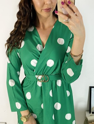 Rochie midi casual verde cu imprimeu buline si maneci lungi