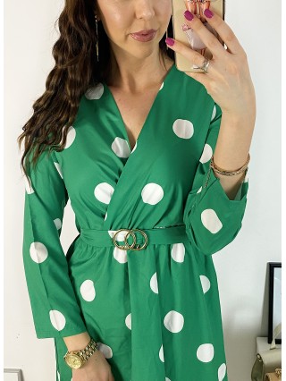 Rochie midi casual verde cu imprimeu buline si maneci lungi