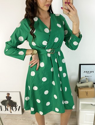 Rochie midi casual verde cu imprimeu buline si maneci lungi