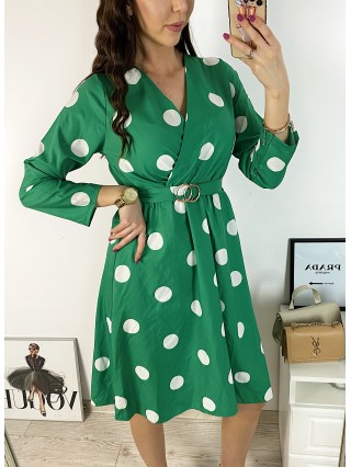 Rochie midi casual verde cu imprimeu buline si maneci lungi