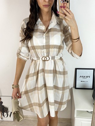 Rochie de zi ieftina alba cu imprimeu carouri si accesoriu in talie
