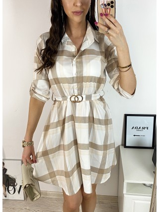 Rochie de zi ieftina alba cu imprimeu carouri si accesoriu in talie