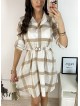 Rochie de zi ieftina alba cu imprimeu carouri si accesoriu in talie