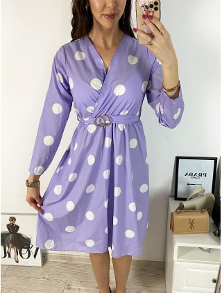 Rochie midi casual mov cu imprimeu buline si maneci lungi