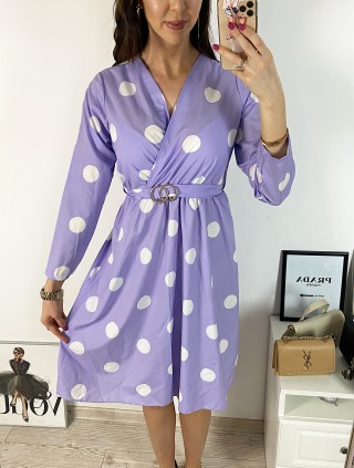 Rochie midi casual mov cu imprimeu buline si maneci lungi