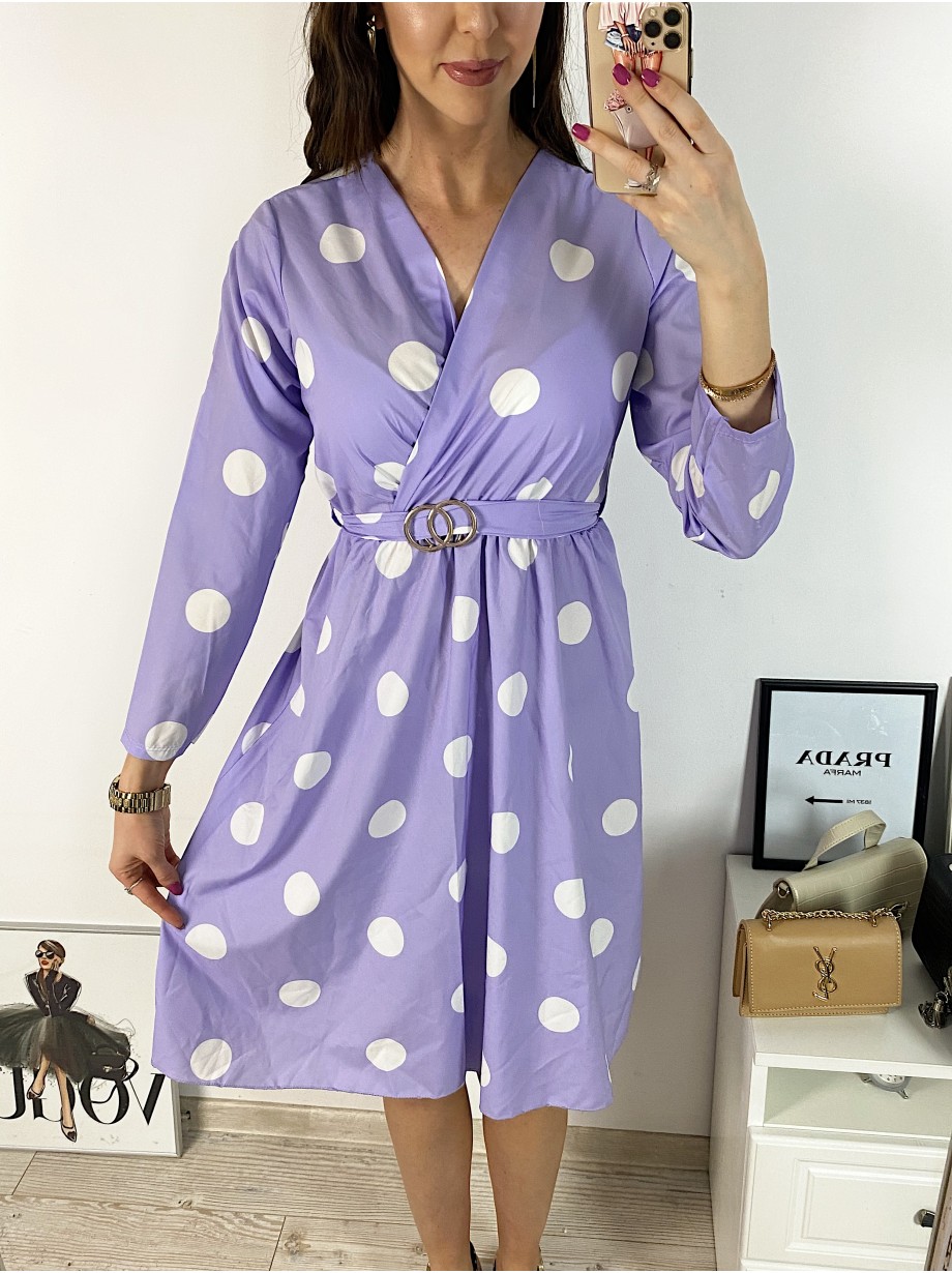 Rochie midi casual mov cu imprimeu buline si maneci lungi