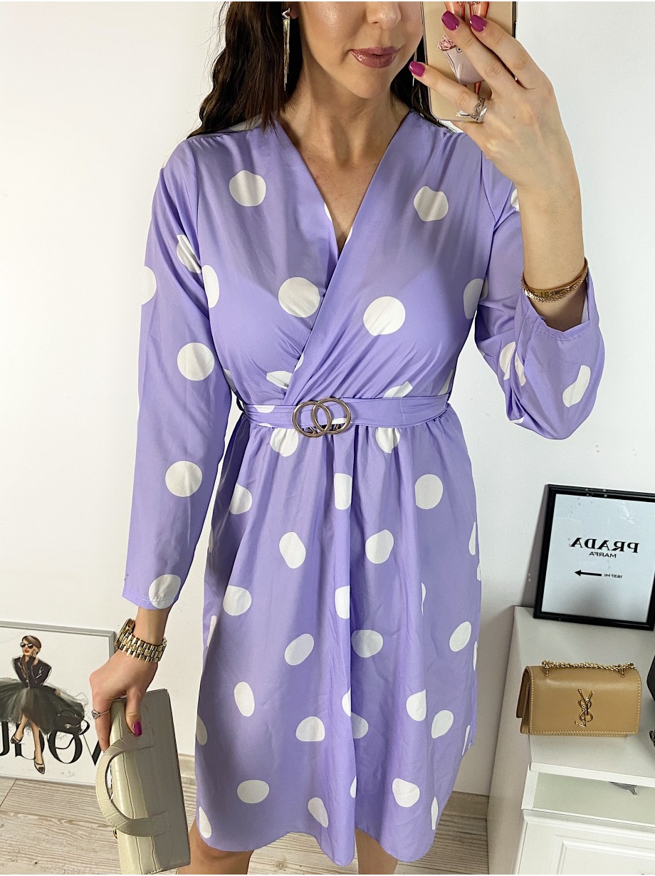 Rochie midi casual mov cu imprimeu buline si maneci lungi