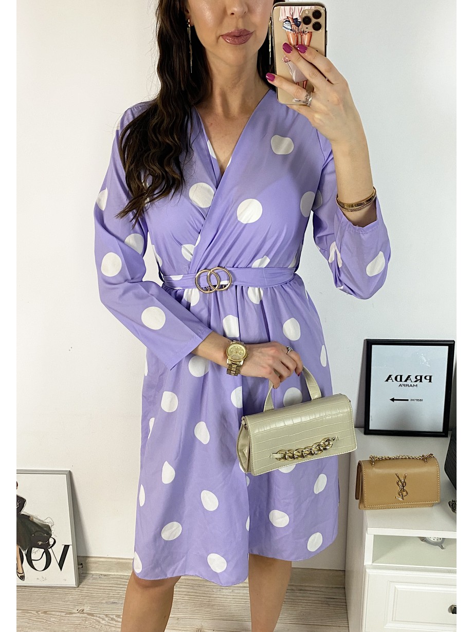 Rochie midi casual mov cu imprimeu buline si maneci lungi