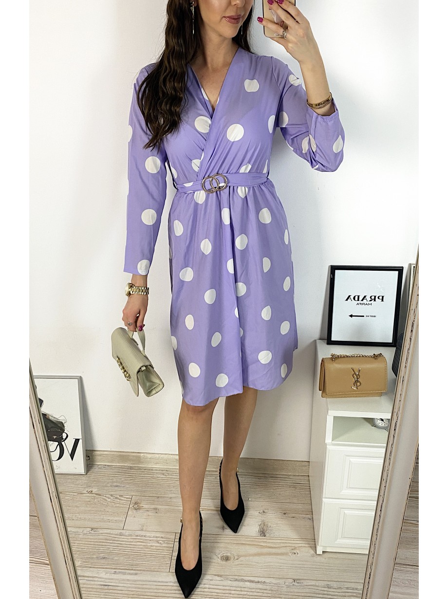 Rochie midi casual mov cu imprimeu buline si maneci lungi