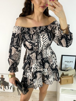 Rochie de zi ieftina neagra cu imprimeu snake si umerii goi