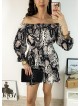 Rochie de zi ieftina neagra cu imprimeu snake si umerii goi