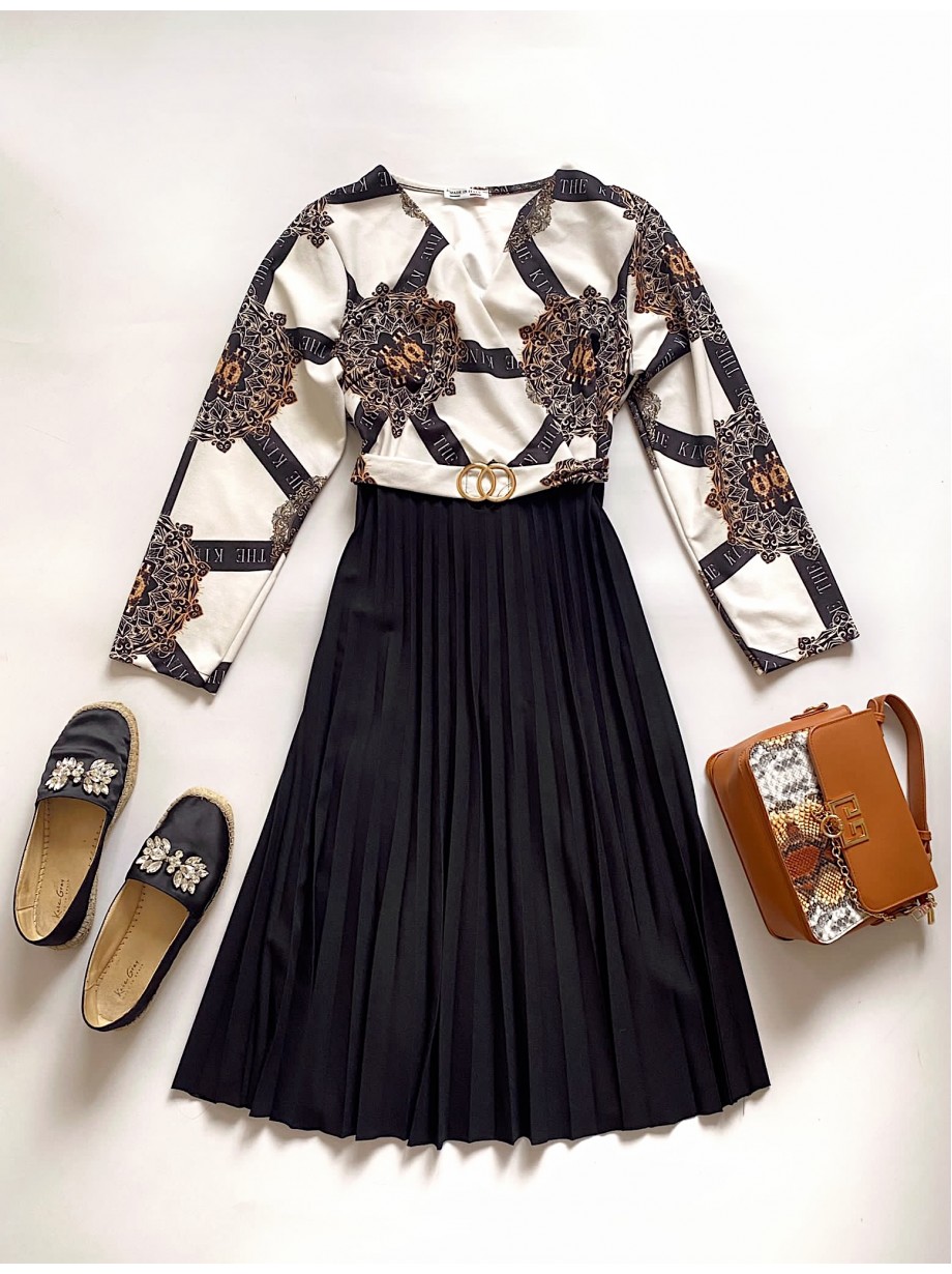Rochie dama eleganta midi neagra cu pliuri si imprimeu mandala Half