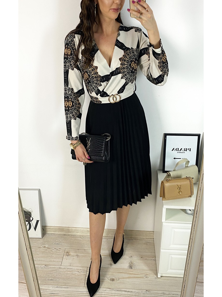Rochie dama eleganta midi neagra cu pliuri si imprimeu mandala Half