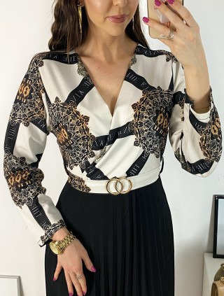 Rochie dama eleganta midi neagra cu pliuri si imprimeu mandala Half