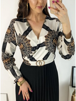 Rochie dama eleganta midi neagra cu pliuri si imprimeu mandala Half