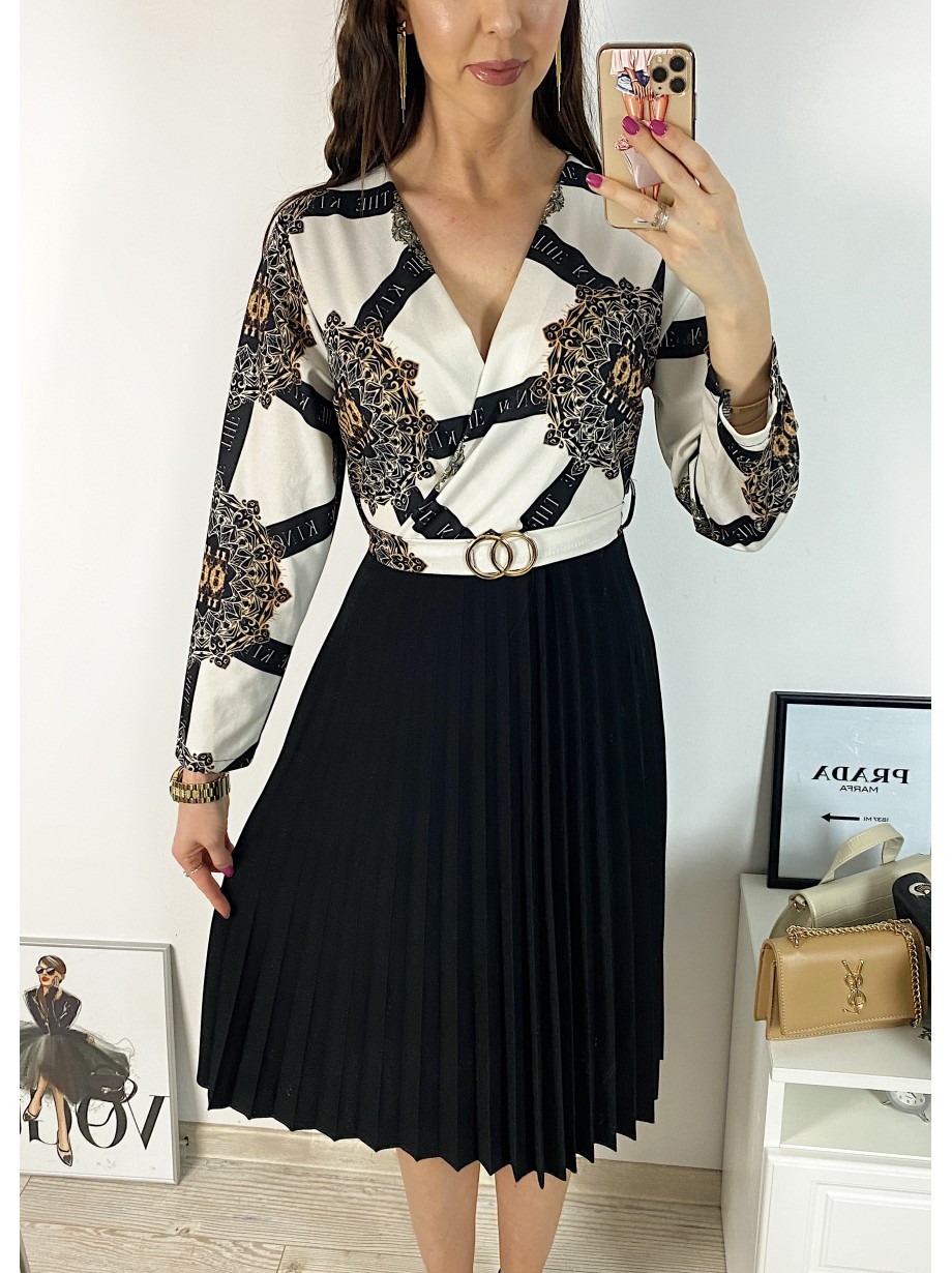 Rochie dama eleganta midi neagra cu pliuri si imprimeu mandala Half