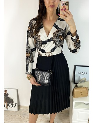 Rochie dama eleganta midi neagra cu pliuri si imprimeu mandala Half