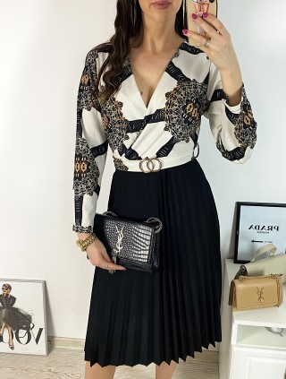 Rochie dama eleganta midi neagra cu pliuri si imprimeu mandala Half