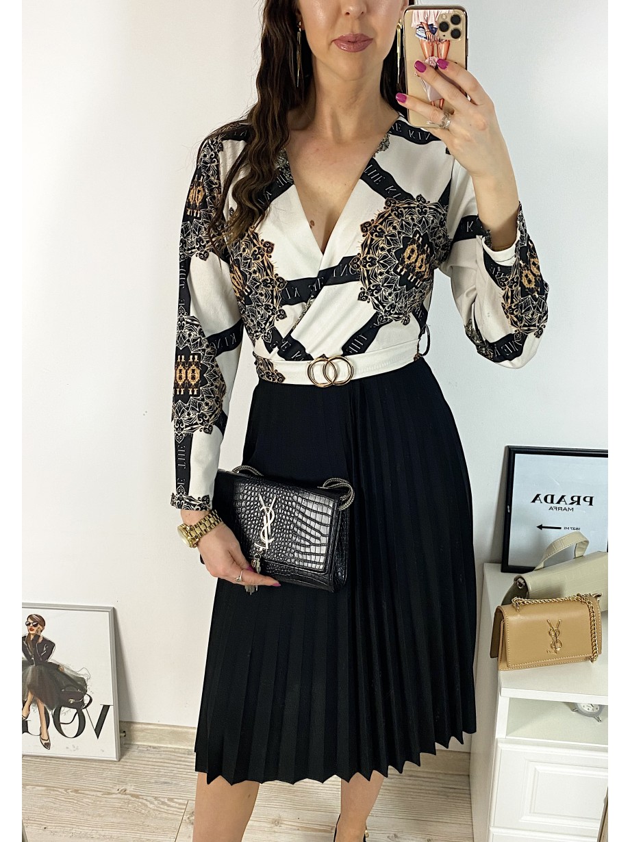 Rochie dama eleganta midi neagra cu pliuri si imprimeu mandala Half