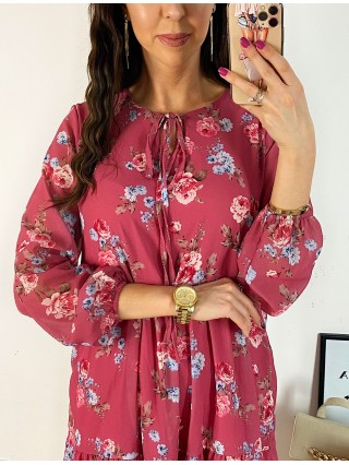 Rochie eleganta scurta roz inchis cu volanase, maneci lungi si flori mici