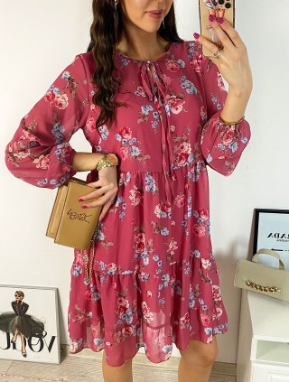 Rochie eleganta scurta roz inchis cu volanase, maneci lungi si flori mici