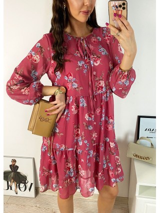 Rochie eleganta scurta roz inchis cu volanase, maneci lungi si flori mici