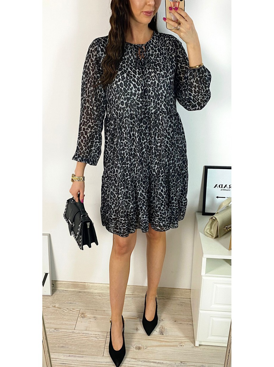 Rochie de zi casual neagra cu imprimeu animal print si snur la gat