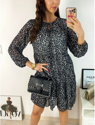 Rochie de zi casual neagra cu imprimeu animal print si snur la gat