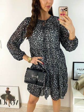 Rochie de zi casual neagra cu imprimeu animal print si snur la gat