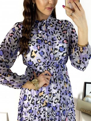 Rochie de zi casual mov cu imprimeu animal print si snur la gat