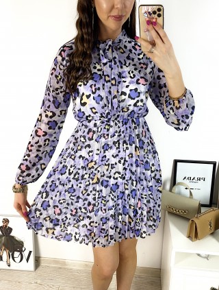 Rochie de zi casual mov cu imprimeu animal print si snur la gat