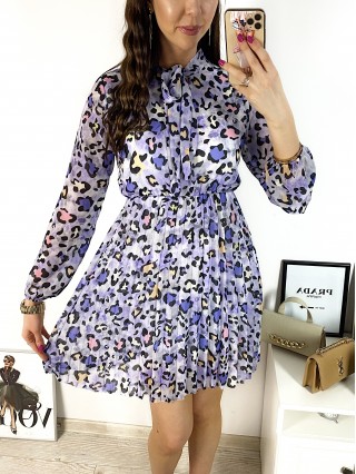 Rochie de zi casual mov cu imprimeu animal print si snur la gat