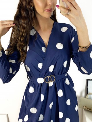 Rochie midi casual bleumarin cu imprimeu buline si maneci lungi