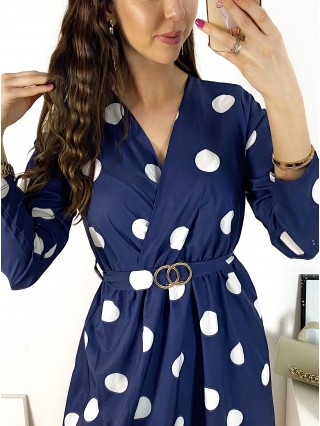 Rochie midi casual bleumarin cu imprimeu buline si maneci lungi