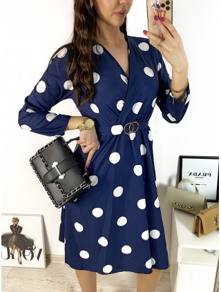 Rochie midi casual bleumarin cu imprimeu buline si maneci lungi