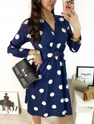 Rochie midi casual bleumarin cu imprimeu buline si maneci lungi