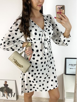 Rochie mini casual alba cu imprimeu buline si maneci lungi 