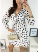 Rochie mini casual alba cu imprimeu buline si maneci lungi 