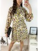 Rochie de zi casual galbena cu imprimeu animal print si snur la gat