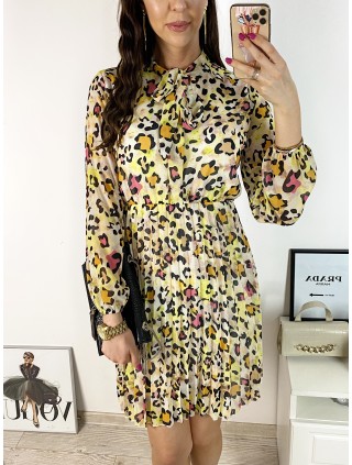Rochie de zi casual galbena cu imprimeu animal print si snur la gat