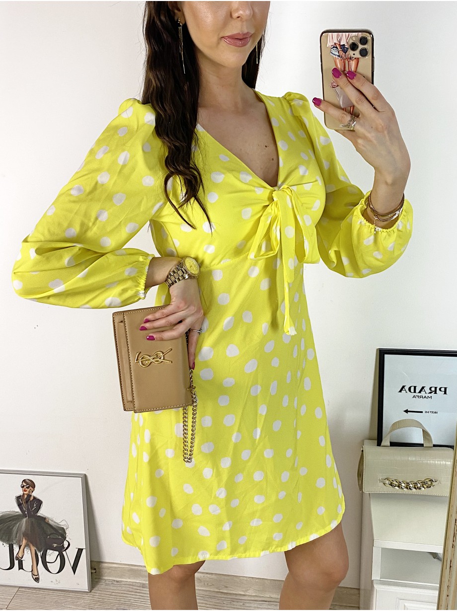 Rochie mini casual galbena cu imprimeu buline si maneci lungi 