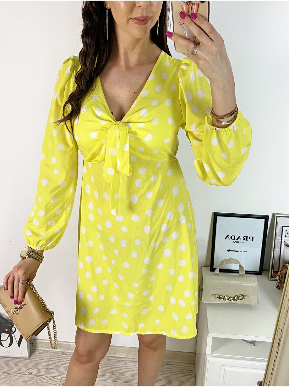 Rochie mini casual galbena cu imprimeu buline si maneci lungi 