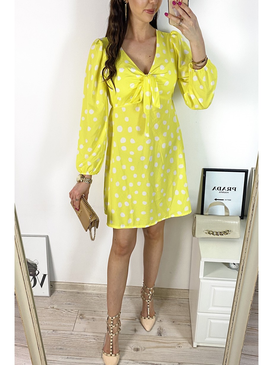 Rochie mini casual galbena cu imprimeu buline si maneci lungi 
